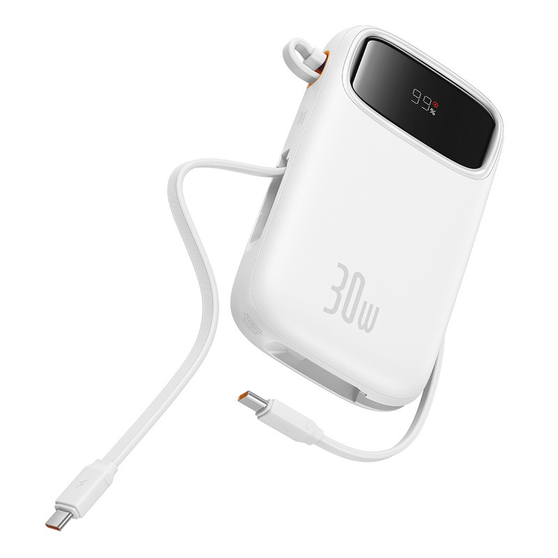 باسيوس QPow 2 بنك طاقة سريع الشحن بشاشة رقمية مع كابلين مدمجين من النوع C بقوة 20000 مللي أمبير في الساعة وقوة 30 وات - أبيض - 20000mAh