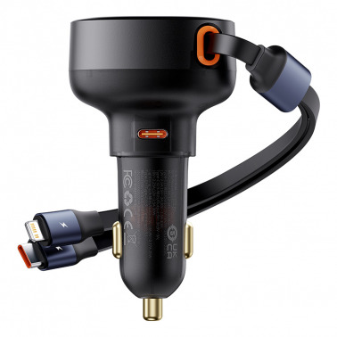 Baseus Enjoyment Pro Car Charger C+Retractable C & iP Cable 60W - أسود