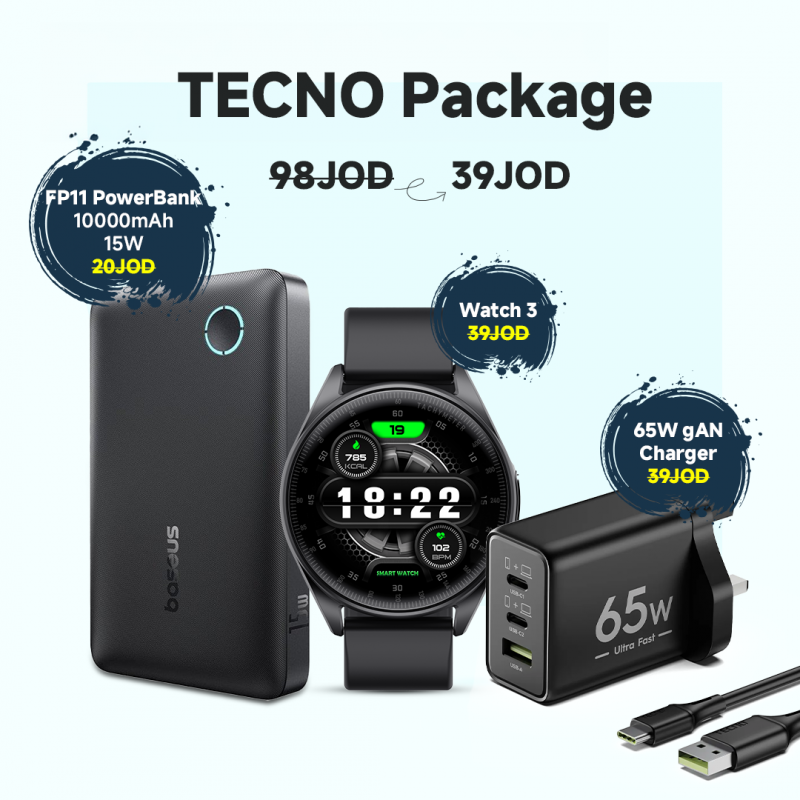 TECNO Watch 3 - Black - Offer 1 With FP11 & 65W gAN Charger