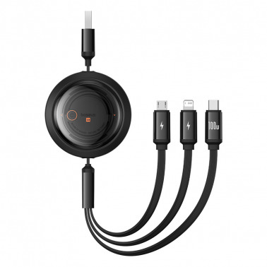 Baseus Free2Draw Retractable Crystal Fast Charging USB to M+L+C 100W - أسود