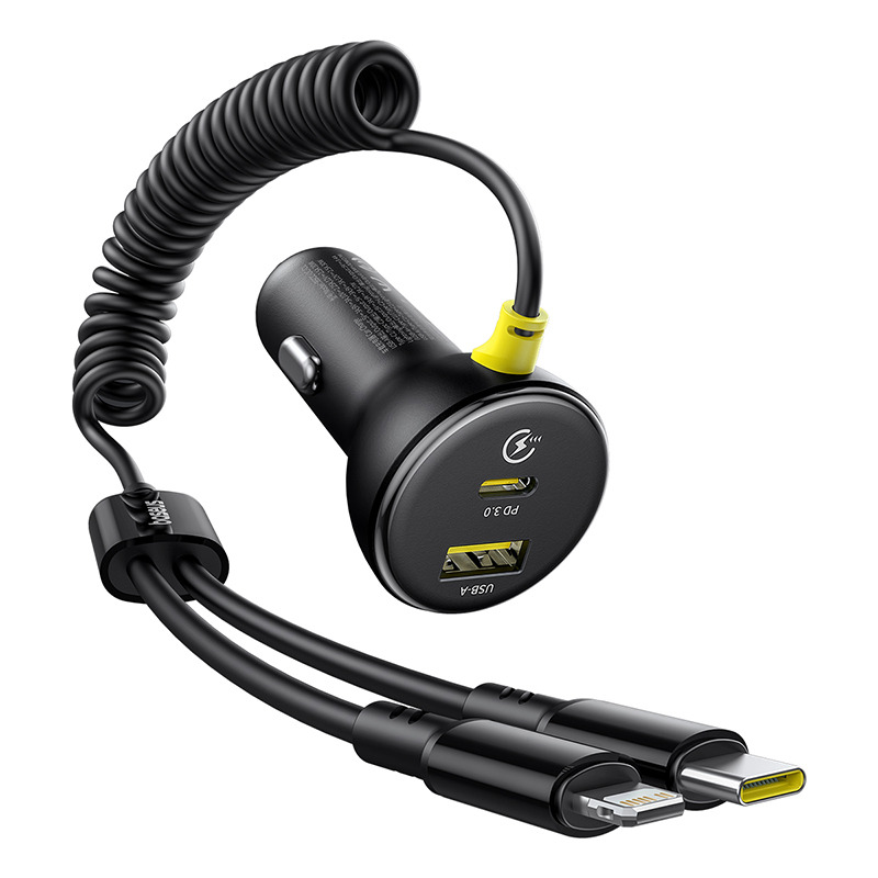 Baseus Circular Plastic Car Charger (U+C) + (C&L) Cable 60W - Black